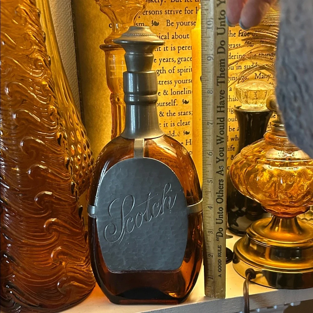 Vintage Queen's Art Amber Glass & Pewter Scotch Decanter